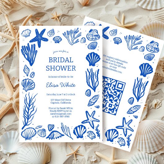 Seashells Frame Bridal Shower Blue Beach CUSTOM QR Kaart