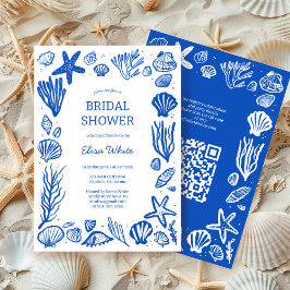 Seashells Frame Bridal Shower Blue Beach CUSTOM QR Kaart