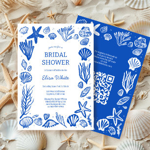 Seashells Frame Bridal Shower Blue Beach CUSTOM QR Kaart