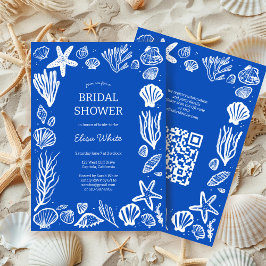 Seashells Frame Bridal Shower Blue Beach CUSTOM QR Kaart