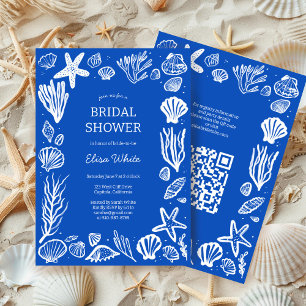 Seashells Frame Bridal Shower Blue Beach CUSTOM QR Kaart