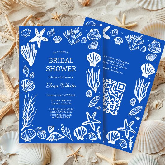 Seashells Frame Bridal Shower Blue Beach CUSTOM QR Kaart