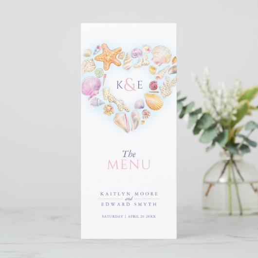 Seashells hart met monogram waterverf bruiloft menu (Staand voorkant)
