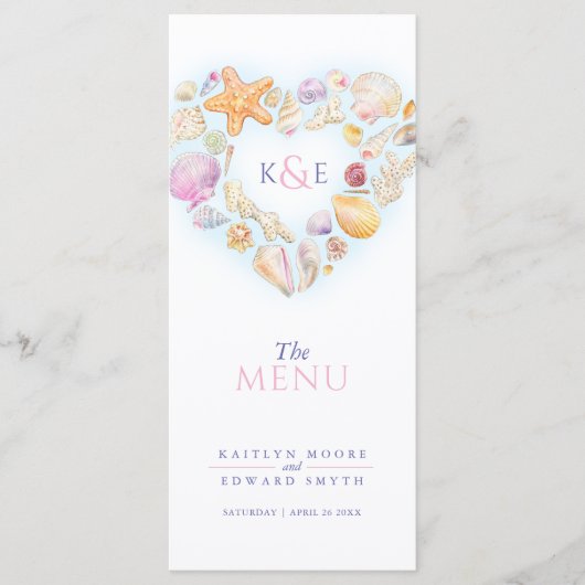 Seashells hart met monogram waterverf bruiloft menu (Voorkant)