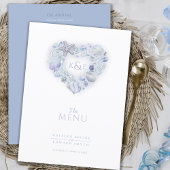 Seashells hart monogram waterverf bruiloft blauw menu