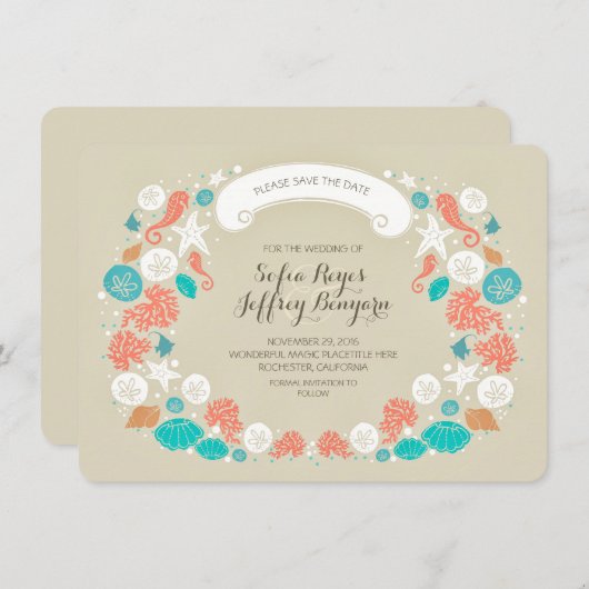Seashells krans strand save the date KAARTEN (Voorkant / Achterkant)