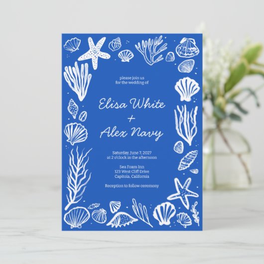 Seashells Lijst Beach Wedding Blue CUSTOM Kaart (Staand voorkant)
