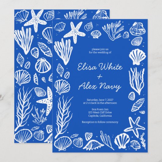 Seashells Lijst Beach Wedding Blue CUSTOM Kaart (Voorkant / Achterkant)