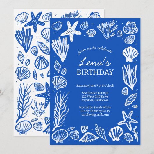 Seashells Lijst Verjaardagsfeest Blue Beach CUSTOM Kaart (Voorkant / Achterkant)