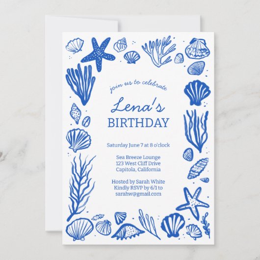 Seashells Lijst Verjaardagsfeest Blue Beach CUSTOM Kaart (Voorkant)