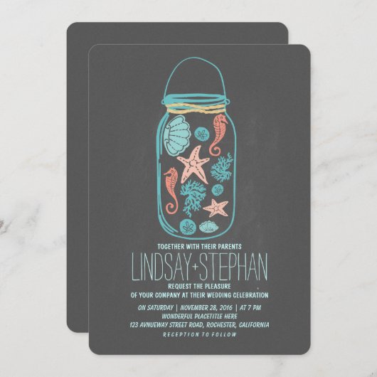 Seashells mason jar strand bruiloft uitnodigingen (Voorkant / Achterkant)