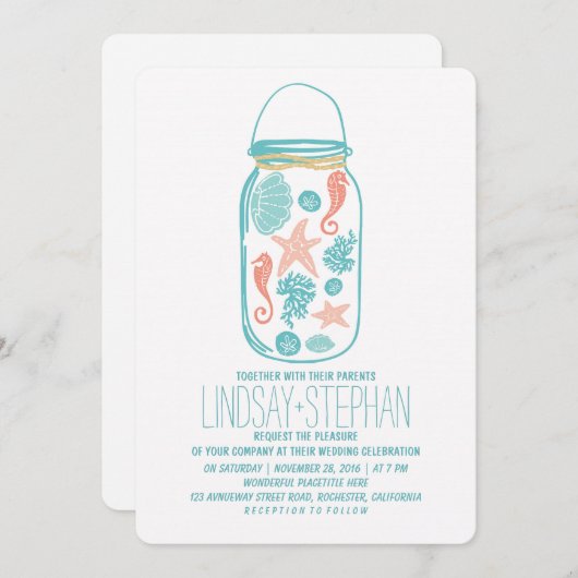 Seashells mason jar strand bruiloft uitnodigingen (Voorkant / Achterkant)