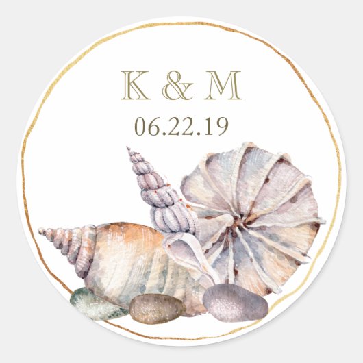 Seashells Message in a Bottle | Weddenschapsmonogr Ronde Sticker (Voorkant)