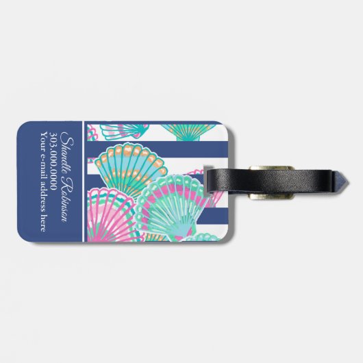 Seashells met Blauwe Stripes Bagagelabel (Achterkant horizontaal)