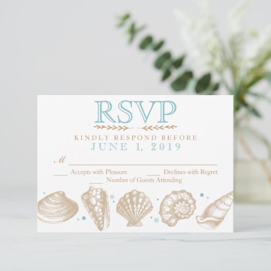 Seashells Nautical Beach Wedding RSVP Tan/Aqua (Staand voorkant)