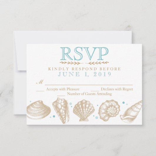 Seashells Nautical Beach Wedding RSVP Tan/Aqua Kaartje (Voorkant)