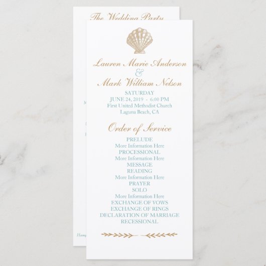 Seashells Nautical Beach Wedding Tan / Aqua-progra Programmakaart (Voorkant / Achterkant)