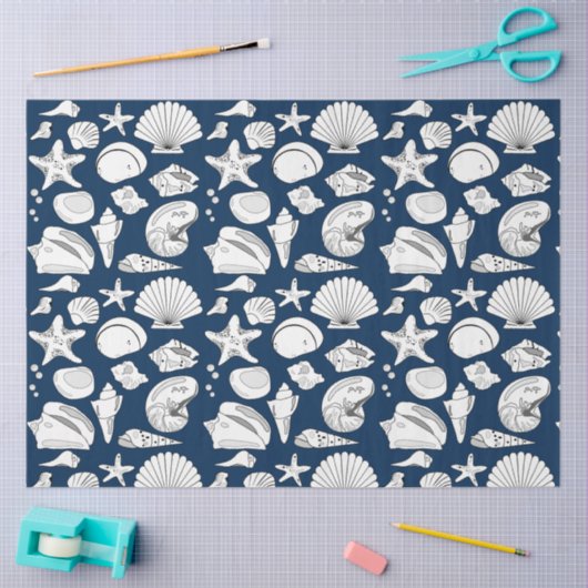 Seashells Nautical Navy Blue Decoupage Tissuepapier (Craft)