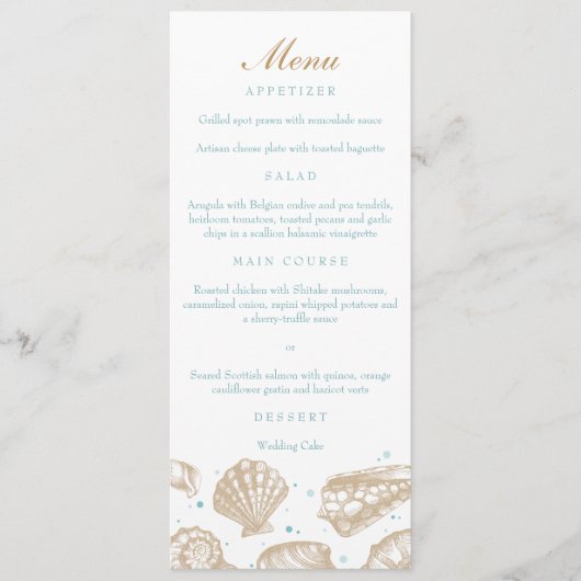 Seashells Nautical Tan/Aqua Beach Wedding Menu (Voorkant)