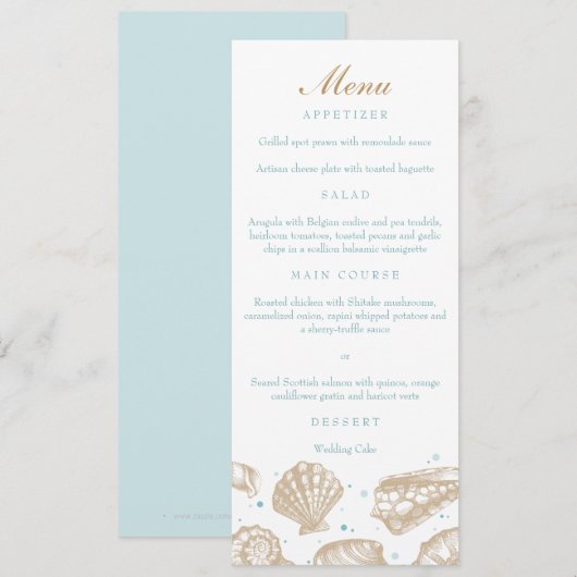 Seashells Nautical Tan/Aqua Beach Wedding Menu (Voorkant / Achterkant)
