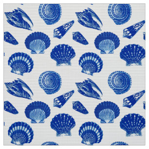 Seashells - Navy Blue op een witte achtergrond Stof