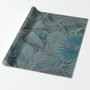 Seashells Ocean Beach Blauwgroen grijs metallisch Cadeaupapier