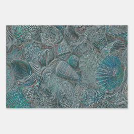 Seashells Ocean Beach Blauwgroen grijs metallisch Inpakpapier Vel