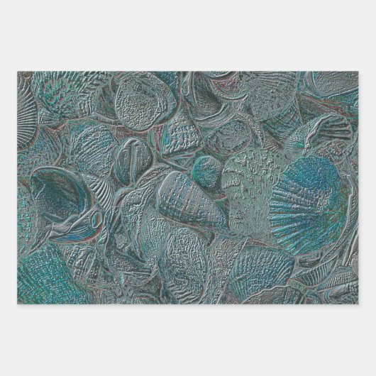 Seashells Ocean Beach Blauwgroen grijs metallisch Inpakpapier Vel (Voorkant)