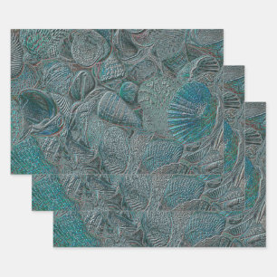 Seashells Ocean Beach Blauwgroen grijs metallisch Inpakpapier Vel