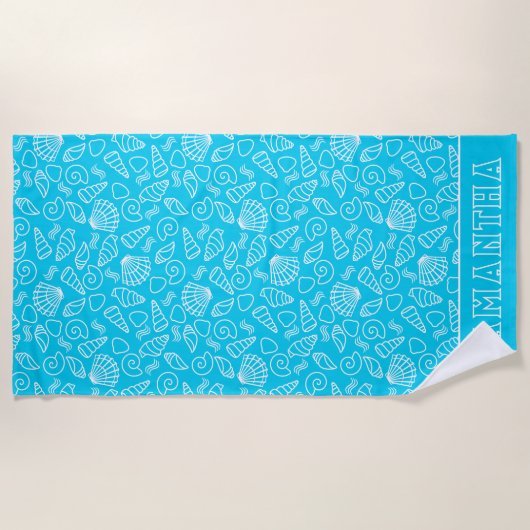 Seashells Patroon op Bright Blue Gepersonaliseerd Strandlaken (Voorkant)