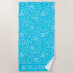 Seashells Pattern on Bright Blue Personalised Strandlaken<br><div class="desc">Bright blue personalised beach towel with white seashell stencil pattern.</div>