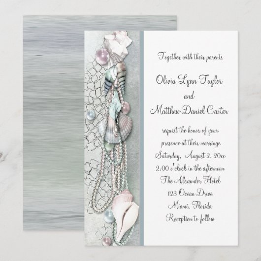 Seashells Pearls Beach Huwelijksuitnodigingen Kaart (Voorkant / Achterkant)