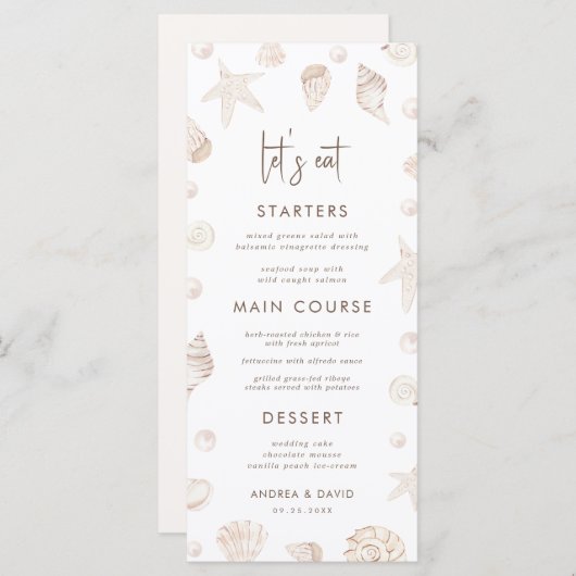 Seashells & Pearls Coastal Beach Seafront Wedding  Menu (Voorkant / Achterkant)