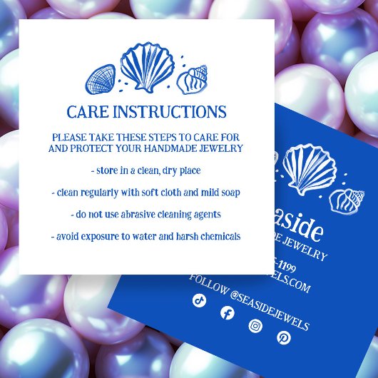 SEASHELLS Sieraden CARE INSTRUCTIES Handgemaakte C Vierkante Visitekaartje