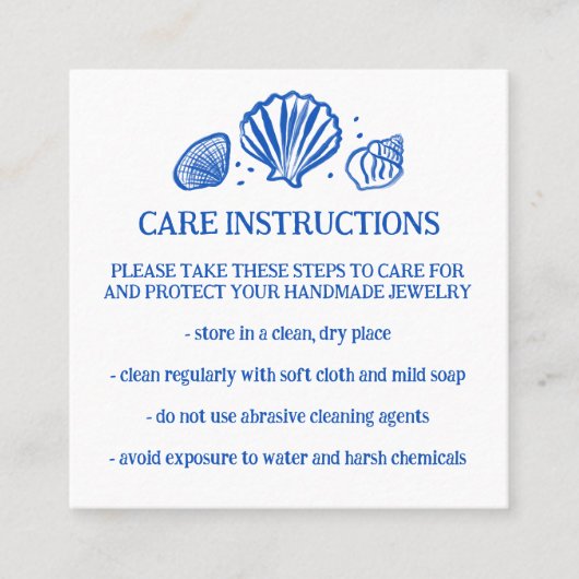 SEASHELLS Sieraden CARE INSTRUCTIES Handgemaakte C Vierkante Visitekaartje (Voorkant)