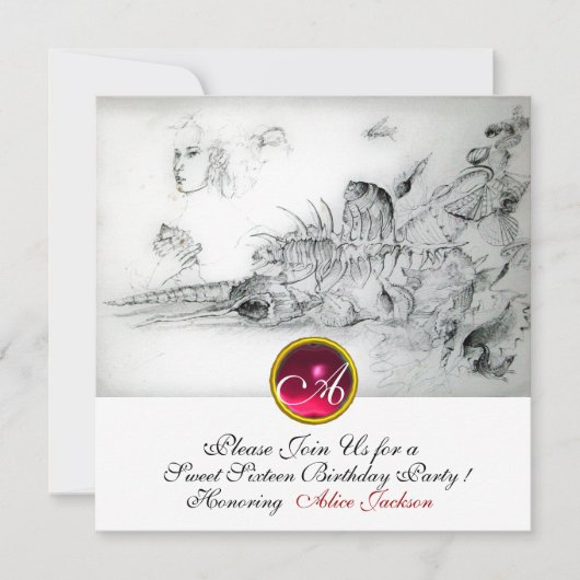 SEASHELLS SWEET 16, Ruby Monogram Black White Kaart (Voorkant)