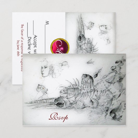 SEASHELLS SWEET SIXTEEN ARTIJ, Ruby Monogram Rsvp Kaartje (Voorkant / Achterkant)