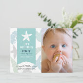 Seashells Turquoise Blue 1st Birthday Foto Kaart (Staand voorkant)