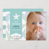 Seashells Turquoise Blue 1st Birthday Foto Kaart (Voorkant / Achterkant)