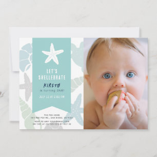 Seashells Turquoise Blue 1st Birthday Foto Kaart