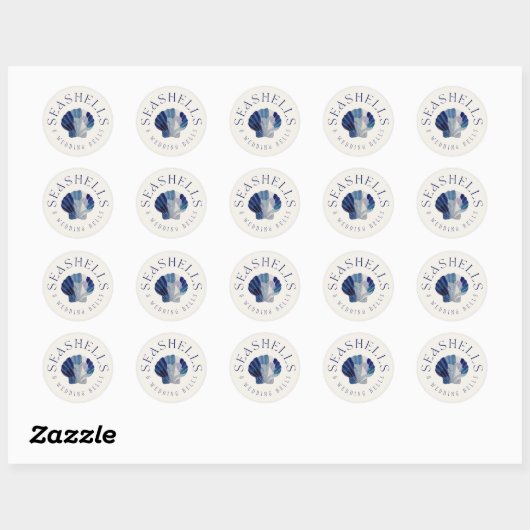 Seashells Wedding Bells Blue Beach Wedding Ronde Sticker (Vel)