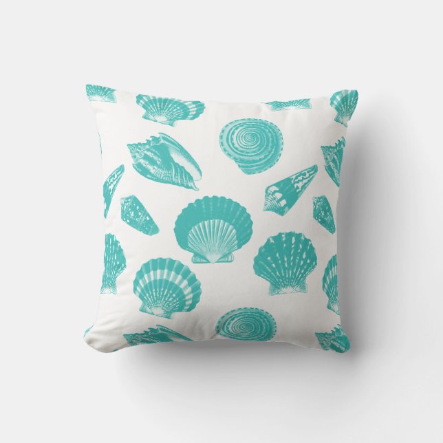 Seashells - zachte aqua en wit kussen (Voorkant)