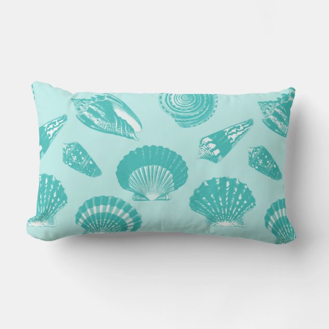 Seashells - zachte aqua en wit kussen (Voorkant)