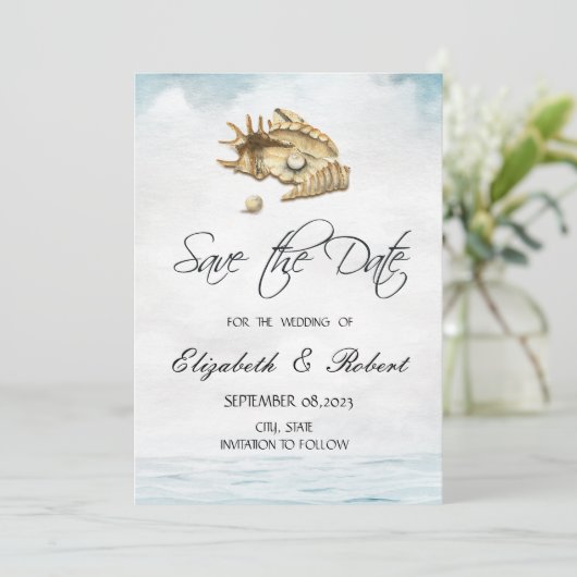 Seashells, Zee, script Save The Date (Staand voorkant)