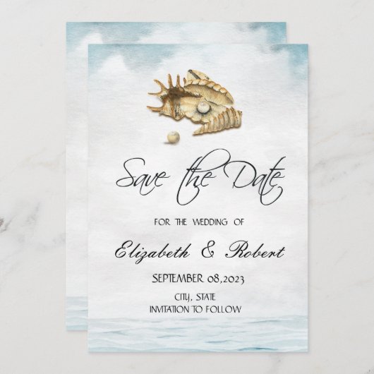 Seashells, Zee, script Save The Date (Voorkant / Achterkant)