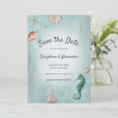 Seashore | Beach Blue Waterverf Seashells Coral Save The Date (Staand voorkant)