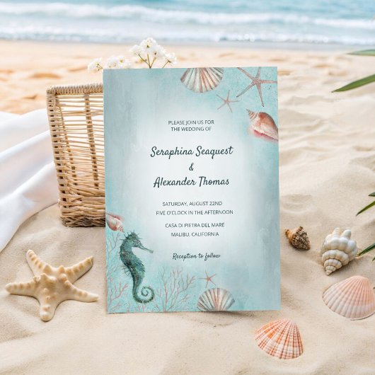 Seashore | Beach Blue Waterverf Seashells Weddensc Kaart