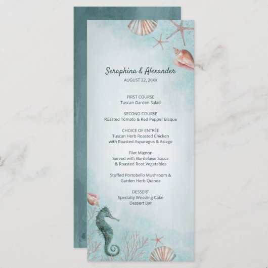 Seashore | Beach Blue Waterverf Seashells Weddensc Menu (Voorkant / Achterkant)