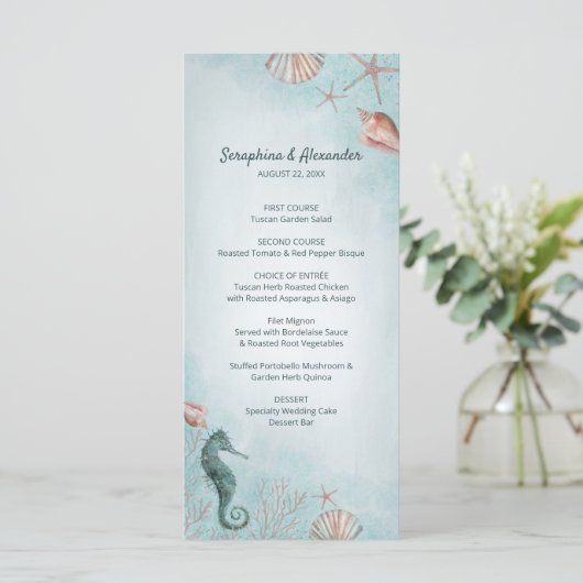 Seashore | Beach Blue Waterverf Seashells Weddensc Menu (Staand voorkant)