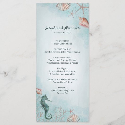 Seashore | Beach Blue Waterverf Seashells Weddensc Menu (Voorkant)